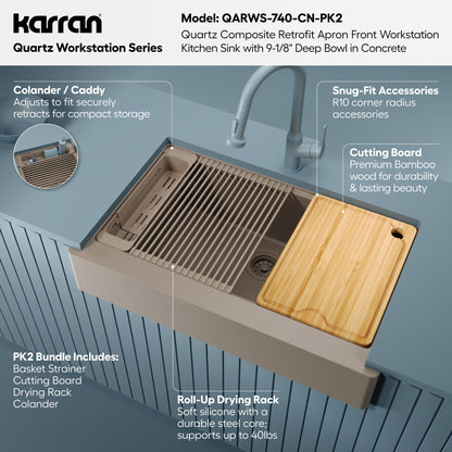 34" Apron Front Single Bowl Quartz Kitchen Sink Kit In Concrete