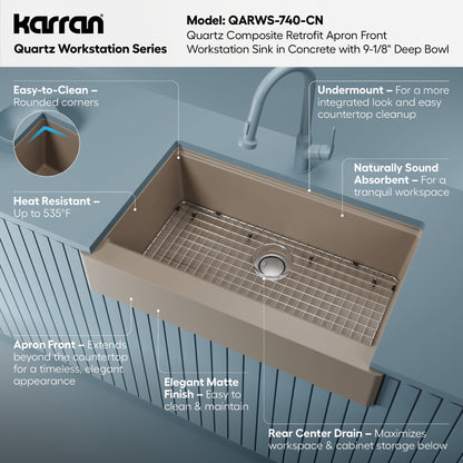 34" Retrofit Farmhouse Large Single Bowl Quartz Composite Workstation Kitchen Sink In Concrete