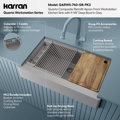 34" Apron Front Single Bowl Quartz Kitchen Sink Kit In Grey