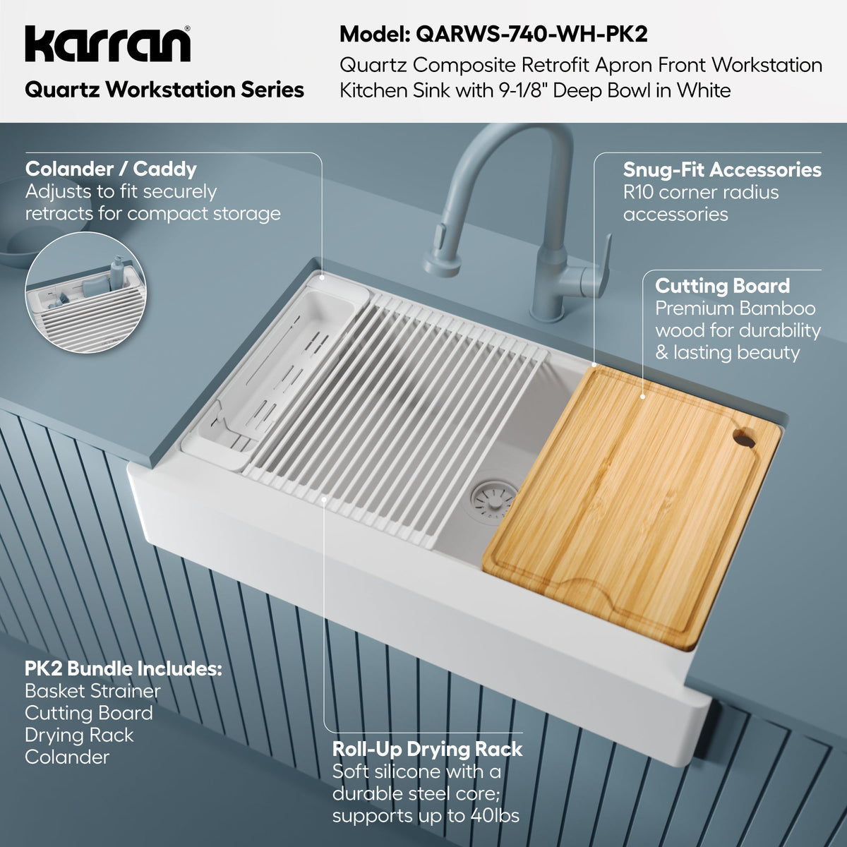 34" Apron Front Single Bowl Quartz Kitchen Sink Kit In White