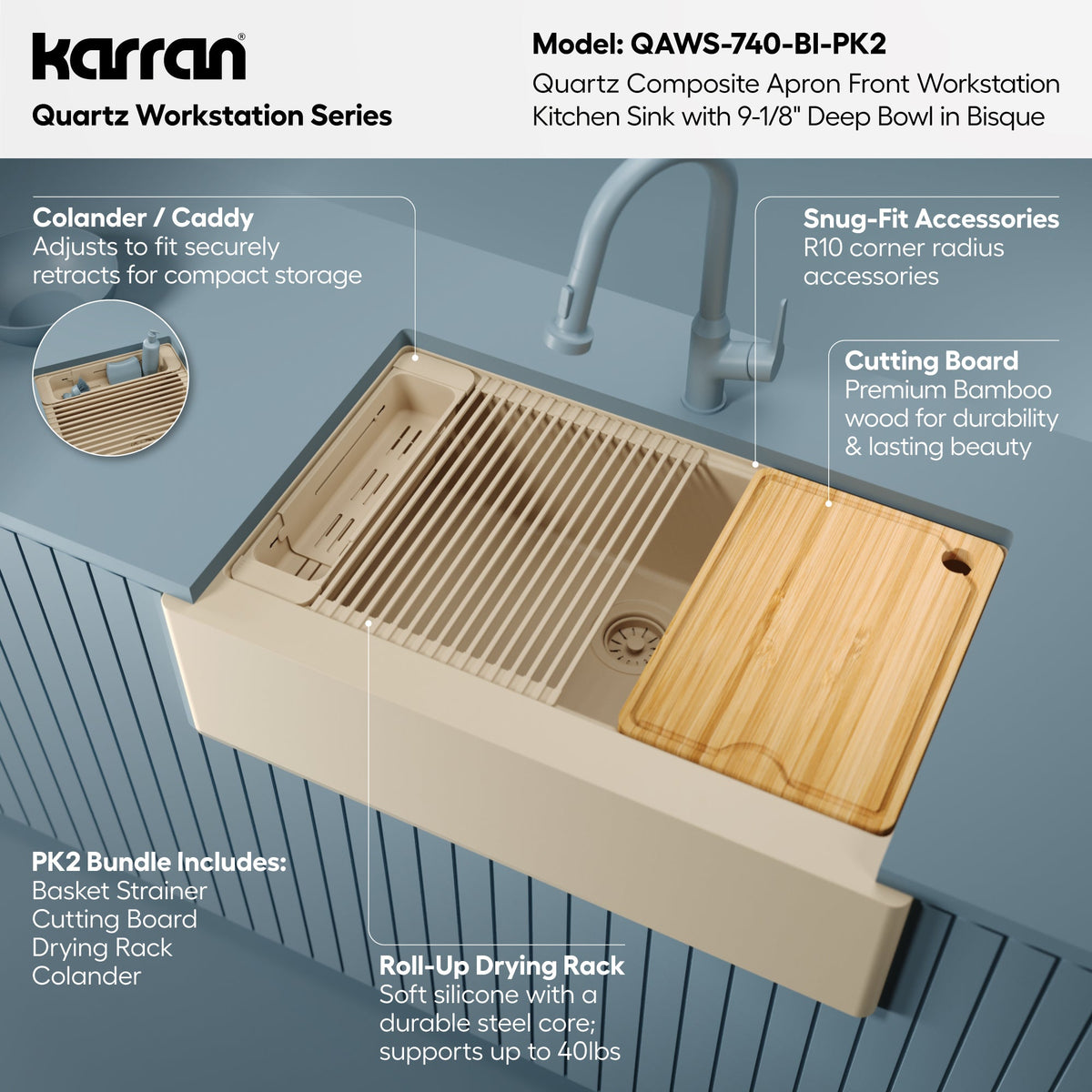 34" Deep Apron Front Single Bowl Quartz Kitchen Sink Kit In Bisque