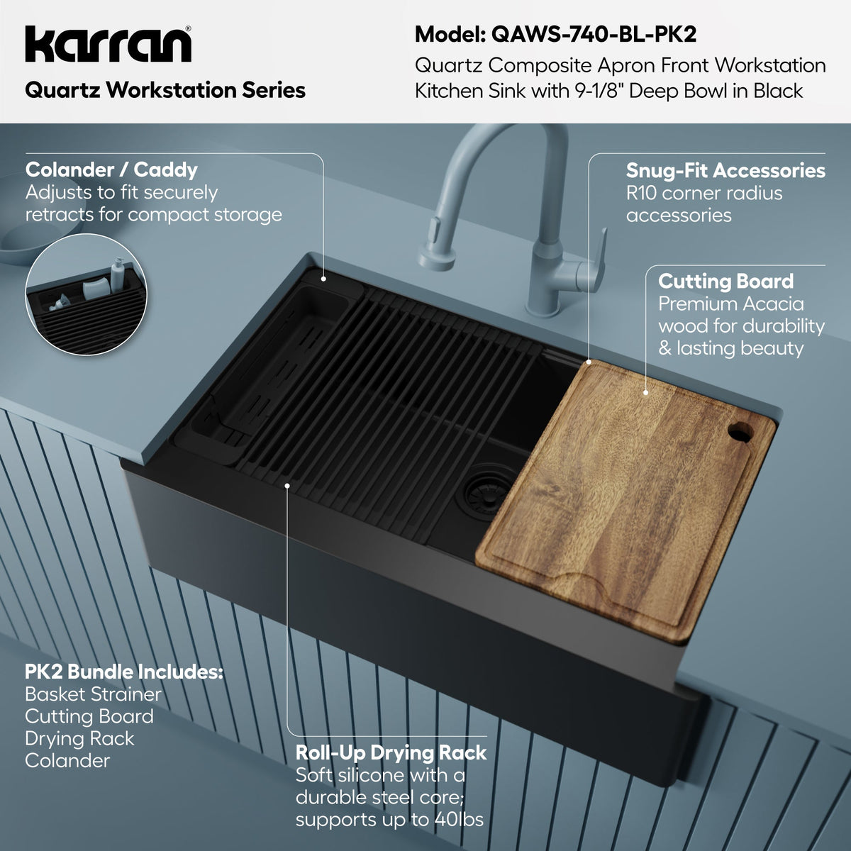 34" Deep Apron Front Single Bowl Quartz Kitchen Sink Kit In Black