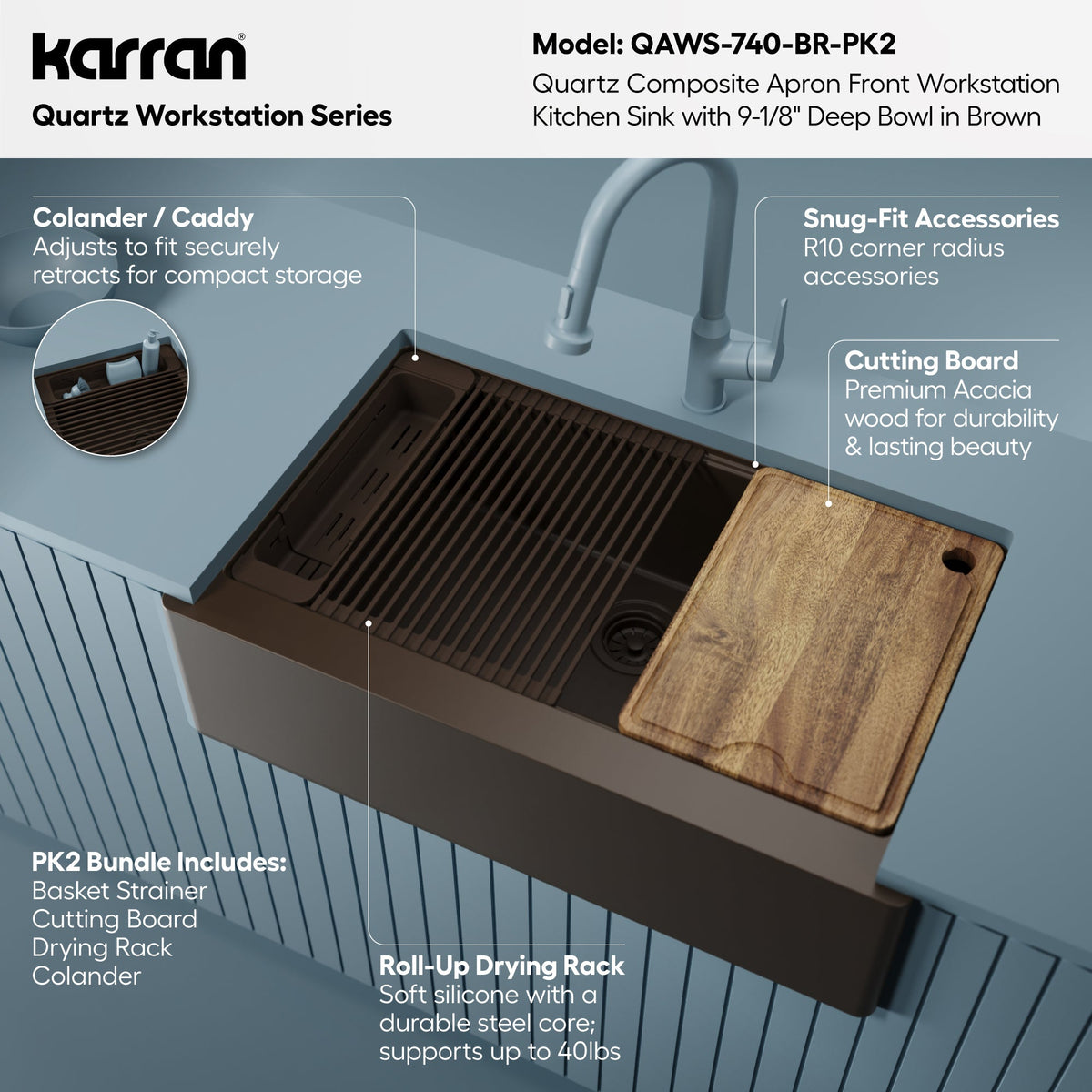 34" Deep Apron Front Single Bowl Quartz Kitchen Sink Kit In Brown