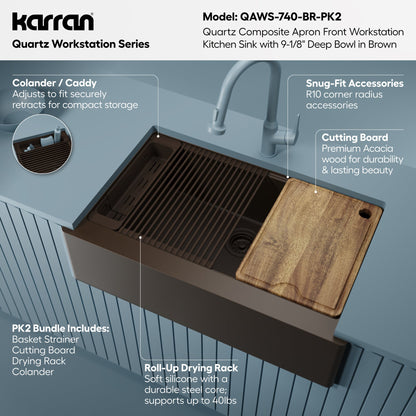 34" Deep Apron Front Single Bowl Quartz Kitchen Sink Kit In Brown