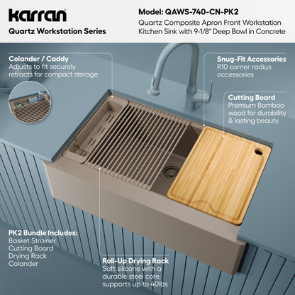 34" Deep Apron Front Single Bowl Quartz Kitchen Sink Kit In Concrete