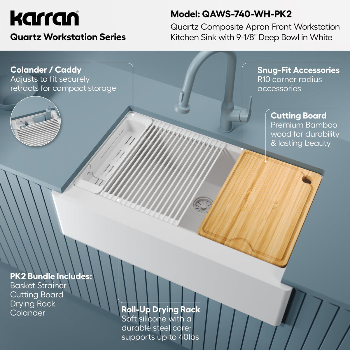 34" Deep Apron Front Single Bowl Quartz Kitchen Sink Kit In White