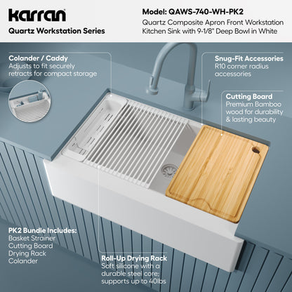 34" Deep Apron Front Single Bowl Quartz Kitchen Sink Kit In White