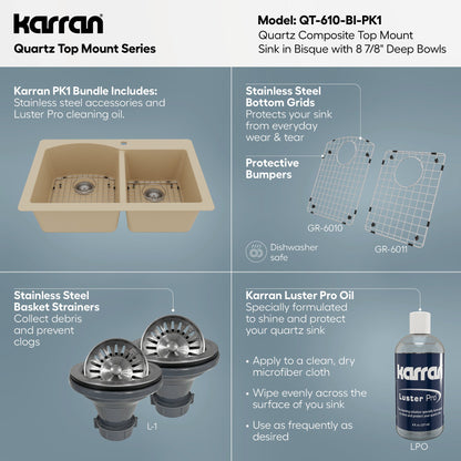 33" Top Mount Double Offset Bowl Quartz Composite Kitchen Sink Kit In Bisque