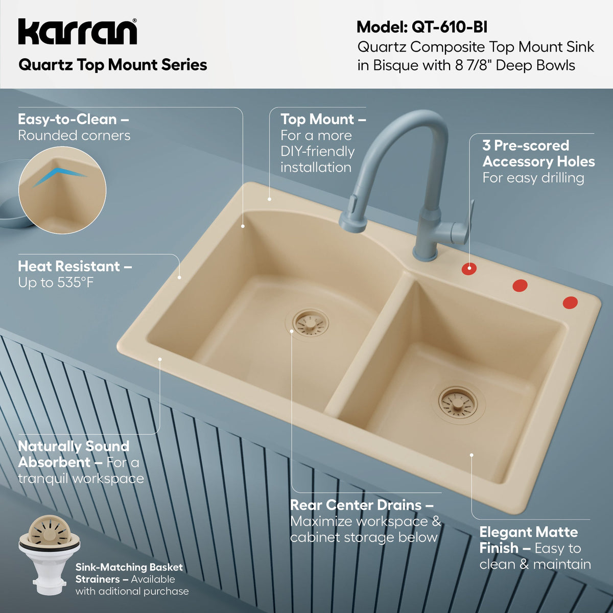 33" Top Mount Double Offset Bowl Quartz Composite Kitchen Sink In Bisque