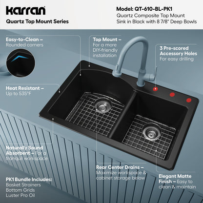 33" Top Mount Double Offset Bowl Quartz Composite Kitchen Sink Kit In Black