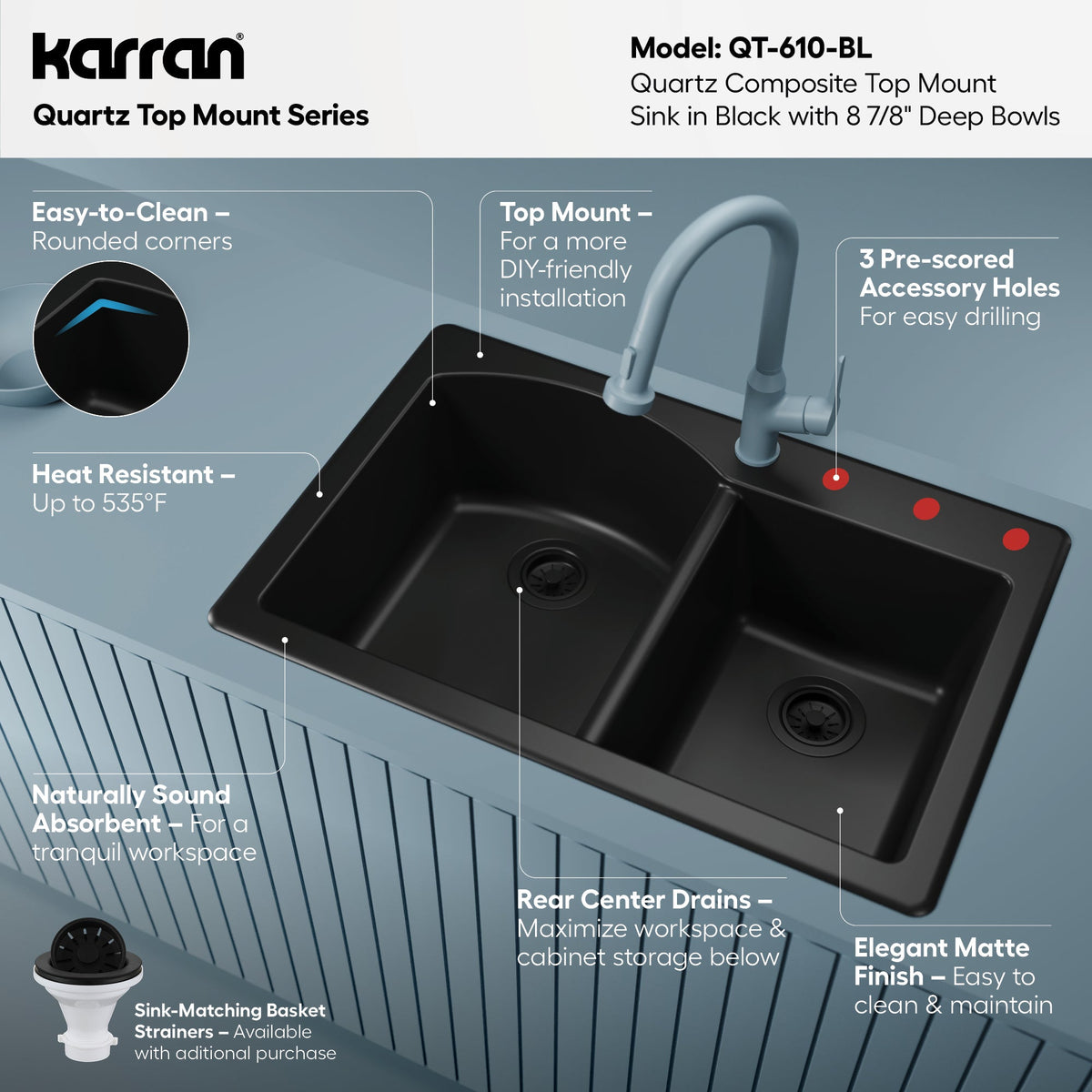 33" Top Mount Double Offset Bowl Quartz Composite Kitchen Sink In Black