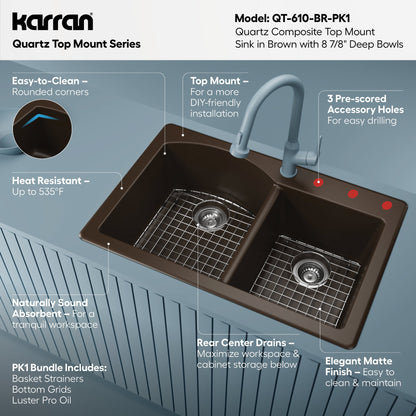 33" Top Mount Double Offset Bowl Quartz Composite Kitchen Sink Kit In Brown
