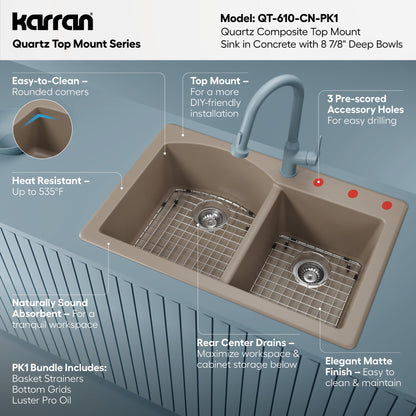 33" Top Mount Double Offset Bowl Quartz Composite Kitchen Sink Kit In Concrete