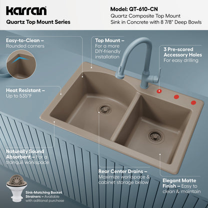 33" Top Mount Double Offset Bowl Quartz Composite Kitchen Sink In Concrete