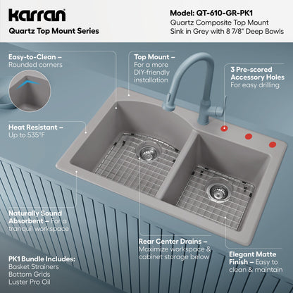 33" Top Mount Double Offset Bowl Quartz Composite Kitchen Sink Kit In Grey
