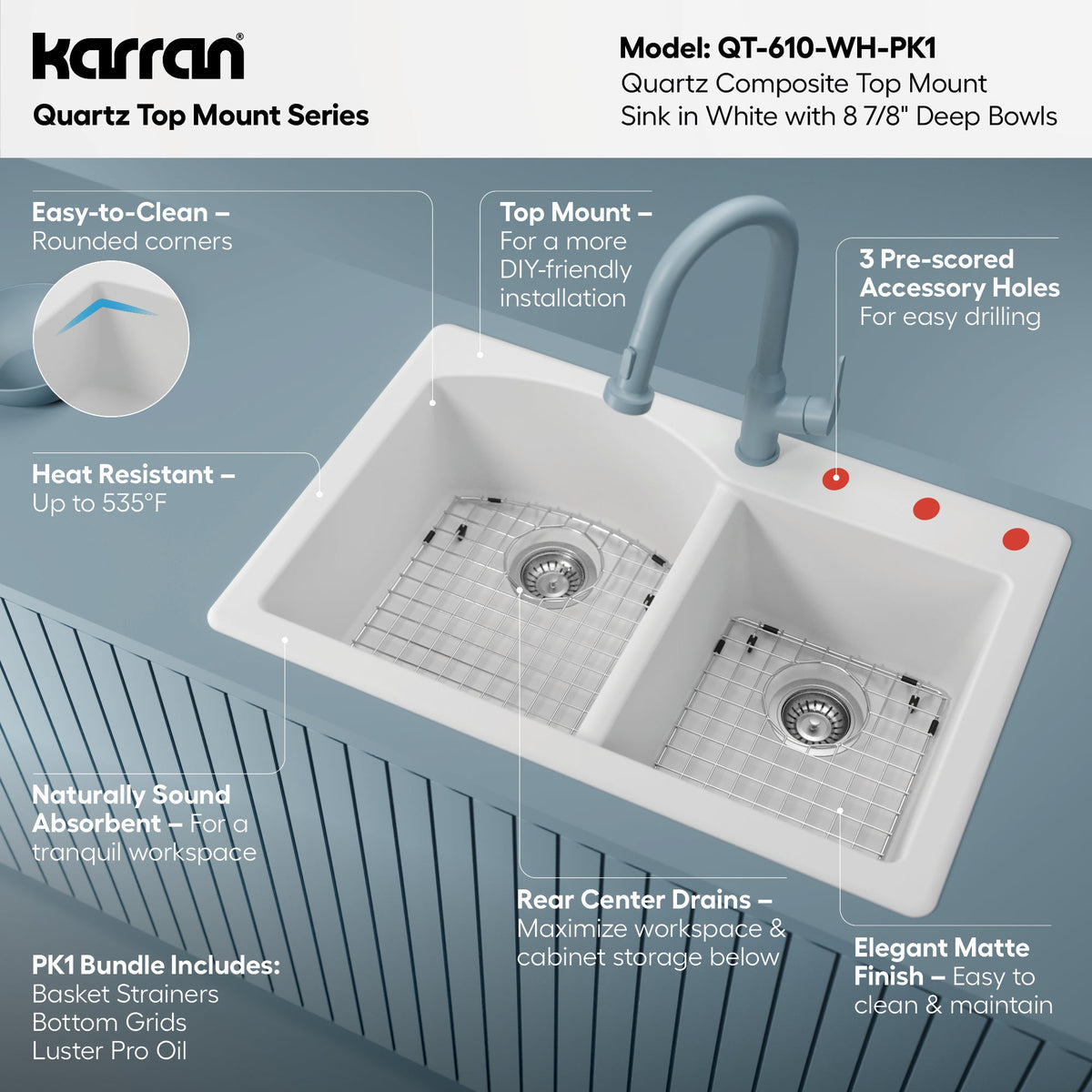 33" Top Mount Double Offset Bowl Quartz Composite Kitchen Sink Kit In White