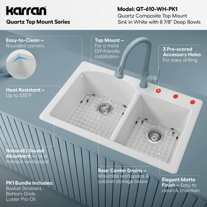 33" Top Mount Double Offset Bowl Quartz Composite Kitchen Sink Kit In White