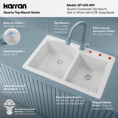 33" Top Mount Double Offset Bowl Quartz Composite Kitchen Sink In White