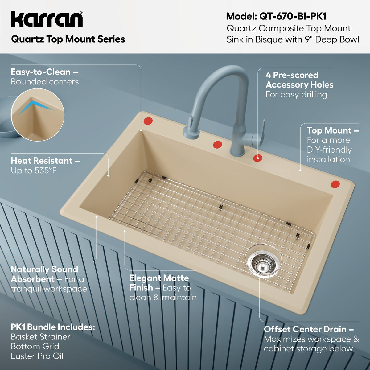 33" Top Mount Large Single Bowl Quartz Composite Kitchen Sink Kit In Bisque