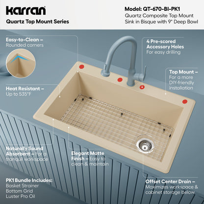 33" Top Mount Large Single Bowl Quartz Composite Kitchen Sink Kit In Bisque