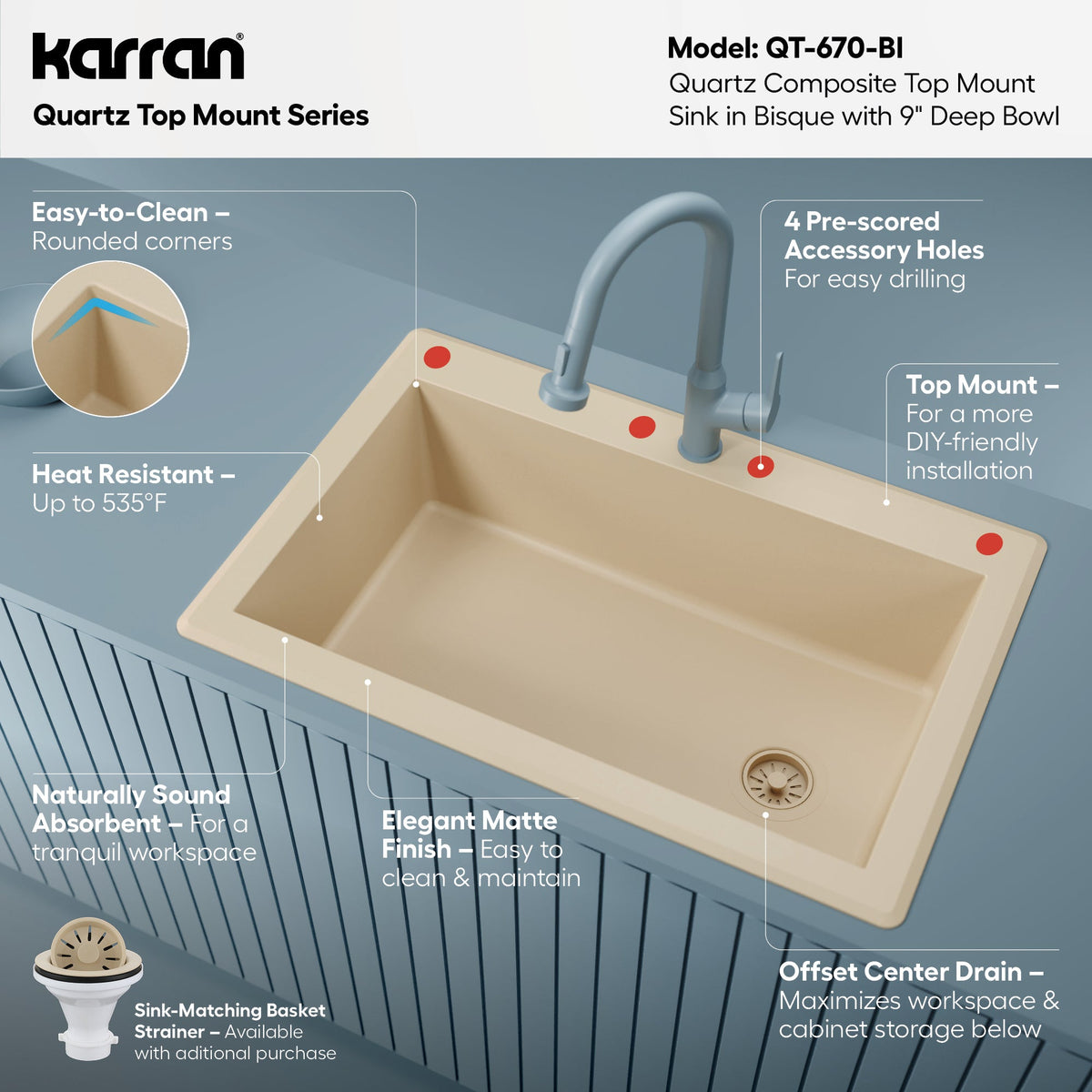 33" Top Mount Large Single Bowl Quartz Composite Kitchen Sink In Bisque