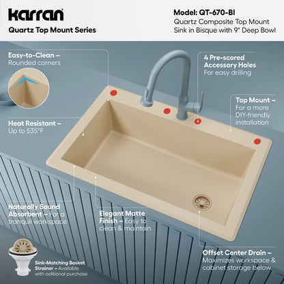 33" Top Mount Large Single Bowl Quartz Composite Kitchen Sink In Bisque