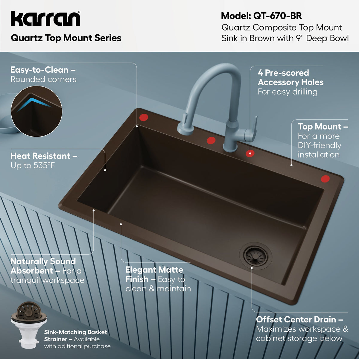 33" Top Mount Large Single Bowl Quartz Composite Kitchen Sink In Brown
