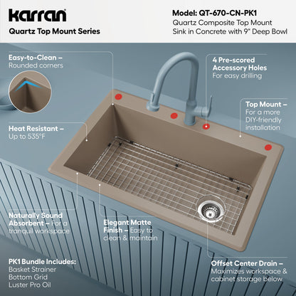 33" Top Mount Large Single Bowl Quartz Composite Kitchen Sink Kit In Concrete