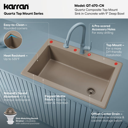 33" Top Mount Large Single Bowl Quartz Composite Kitchen Sink In Concrete