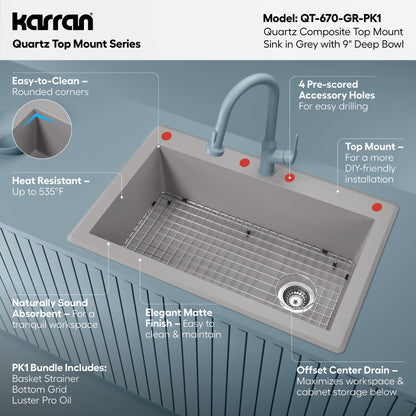 33" Top Mount Large Single Bowl Quartz Composite Kitchen Sink Kit In Grey