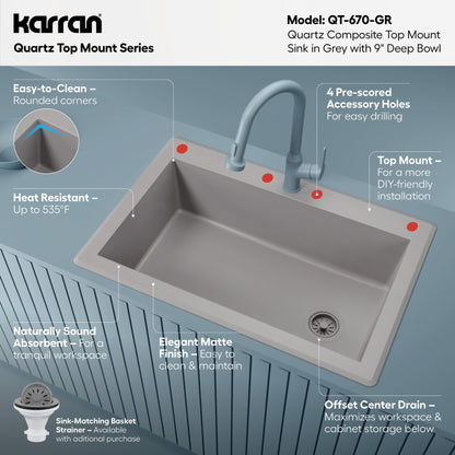 33" Top Mount Large Single Bowl Quartz Composite Kitchen Sink In Grey