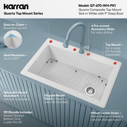 33" Top Mount Large Single Bowl Quartz Composite Kitchen Sink Kit In White