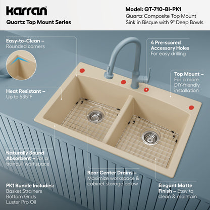 33" Top Mount Double Equal Bowl Quartz Composite Kitchen Sink Kit In Bisque