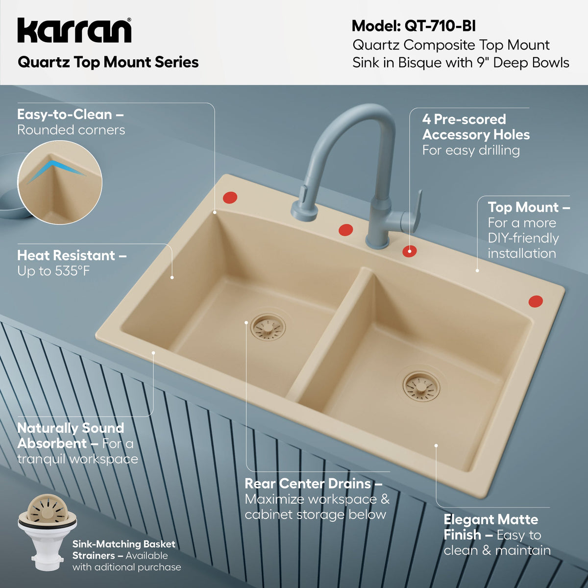 33" Top Mount Double Equal Bowl Quartz Composite Kitchen Sink In Bisque