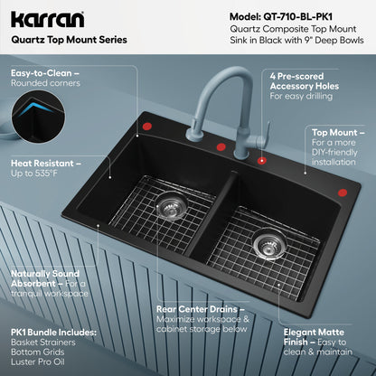 33" Top Mount Double Equal Bowl Quartz Composite Kitchen Sink Kit In Black