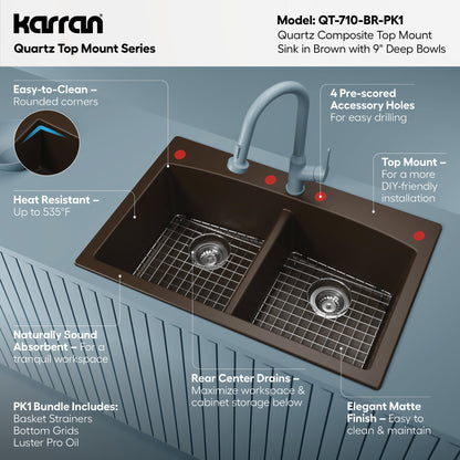 33" Top Mount Double Equal Bowl Quartz Composite Kitchen Sink Kit In Brown