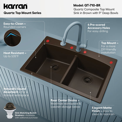 33" Top Mount Double Equal Bowl Quartz Composite Kitchen Sink In Brown