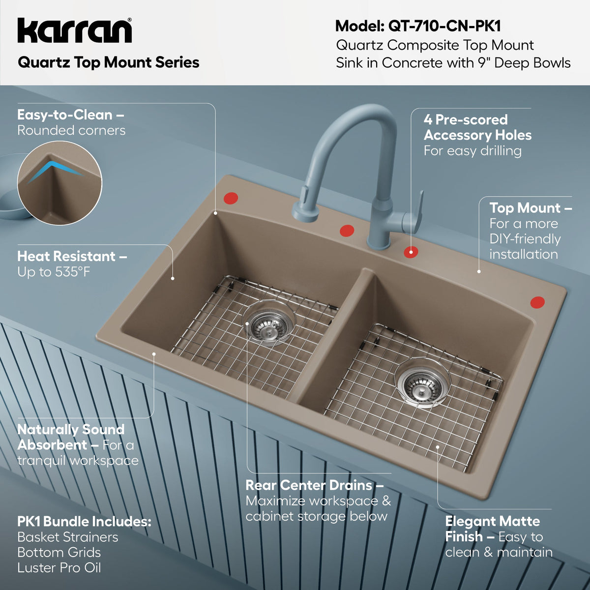 33" Top Mount Double Equal Bowl Quartz Composite Kitchen Sink Kit In Concrete