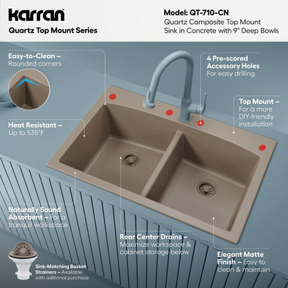 33" Top Mount Double Equal Bowl Quartz Composite Kitchen Sink In Concrete