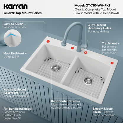 33" Top Mount Double Equal Bowl Quartz Composite Kitchen Sink Kit In White