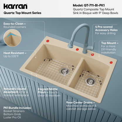 33" Top Mount Double Offset Bowl Quartz Composite Kitchen Sink Kit In Bisque