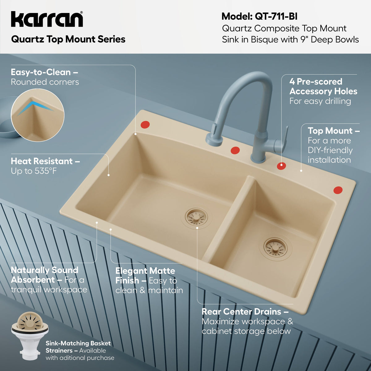 33" Top Mount Double Offset Bowl Quartz Composite Kitchen Sink In Bisque
