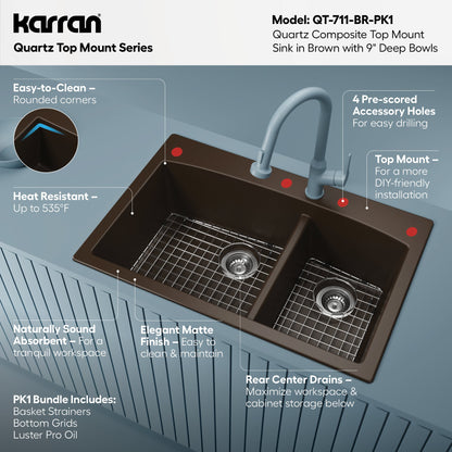 33" Top MountDouble Offset Bowl Quartz Composite Kitchen Sink Kit In Brown