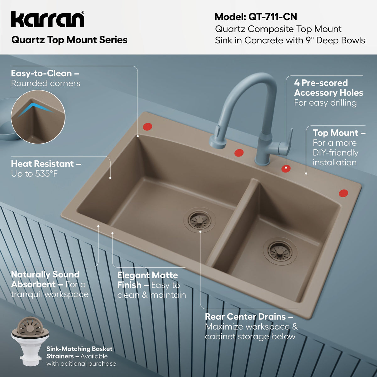 33" Top Mount Double Offset Bowl Quartz Composite Kitchen Sink In Concrete