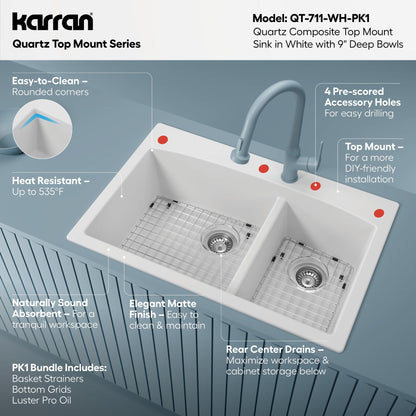 33" Top Mount Double Offset Bowl Quartz Composite Kitchen Sink Kit In White