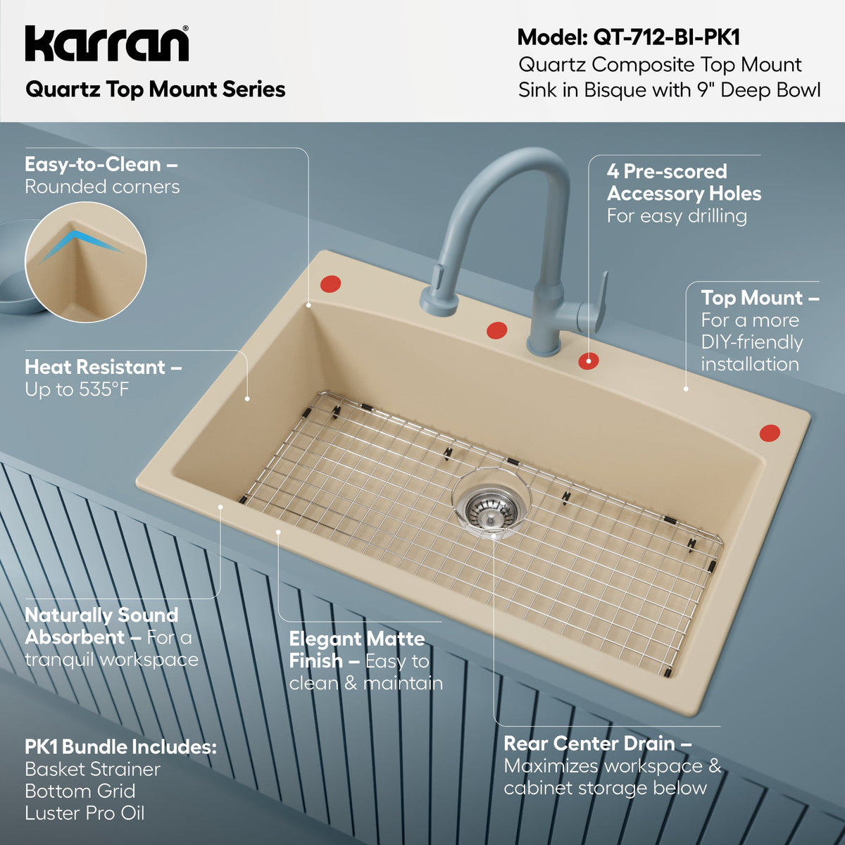 33" Top Mount Large Single Bowl Quartz Composite Kitchen Sink Kit In Bisque