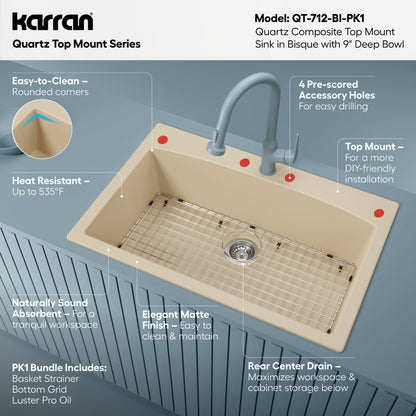 33" Top Mount Large Single Bowl Quartz Composite Kitchen Sink Kit In Bisque