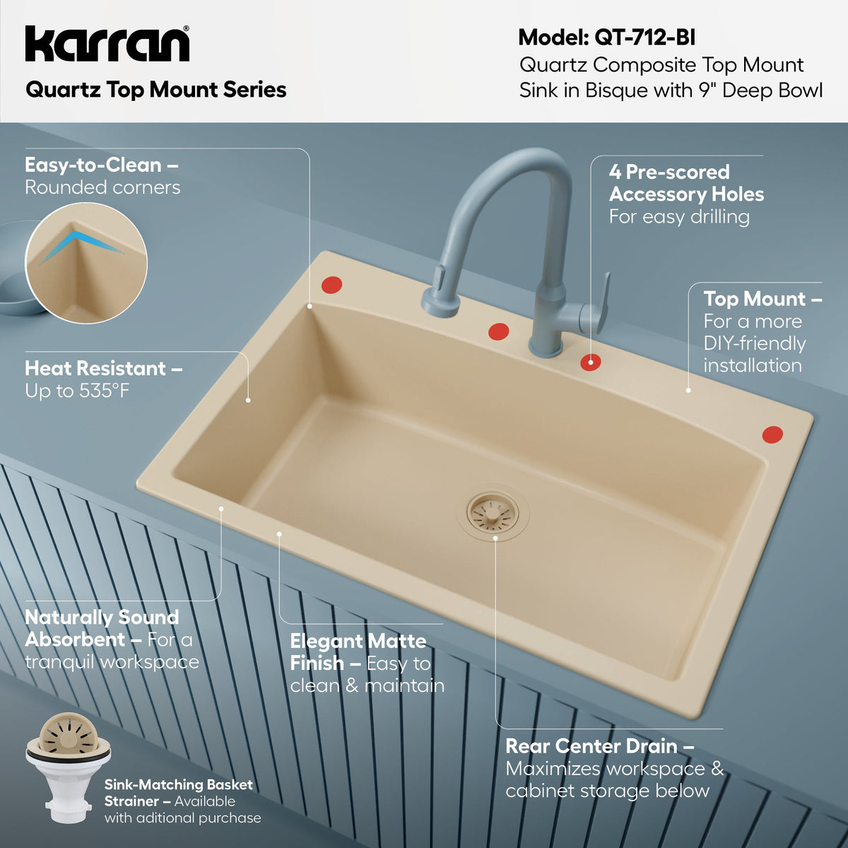 33" Top Mount Large Single Bowl Quartz Composite Kitchen Sink In Bisque