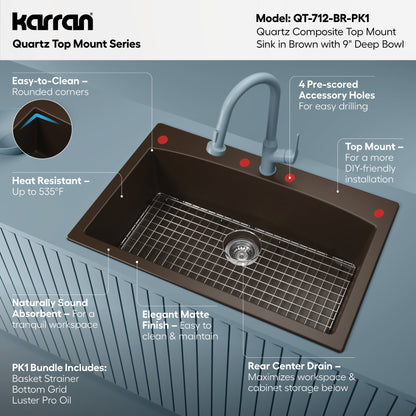 33" Top Mount Large Single Bowl Quartz Composite Kitchen Sink Kit In Brown