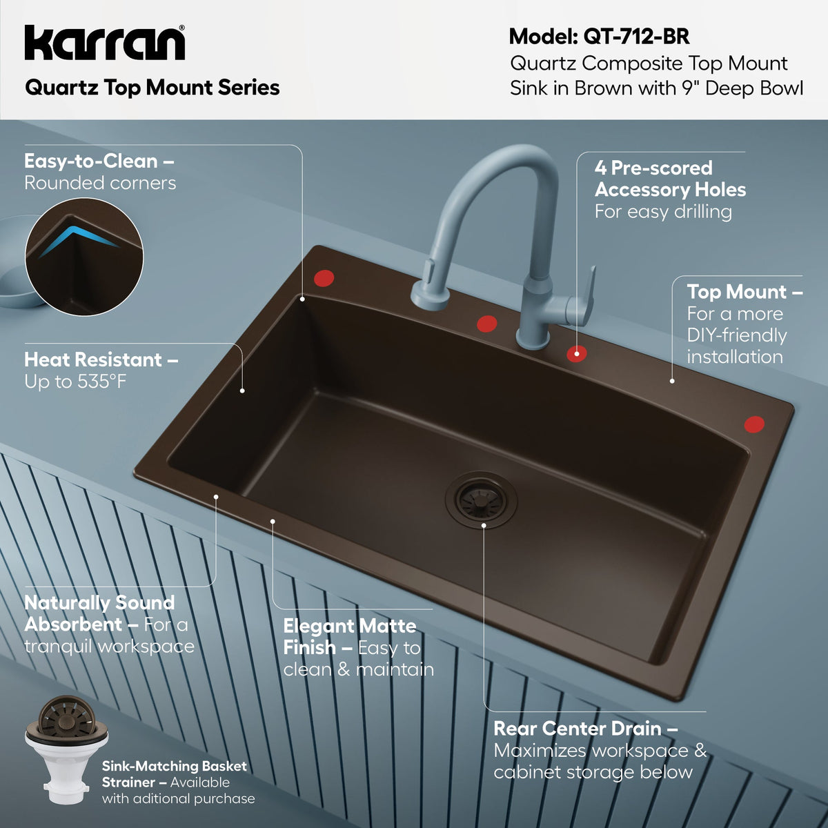33" Top Mount Large Single Bowl Quartz Composite Kitchen Sink In Brown